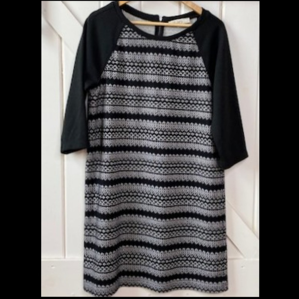 Ann Taylor LOFT Black Printed Shift Dress size large 3/4 sleeves